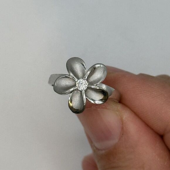 925 Sterling Silver Plumeria Flower Ring with Cubic Zirconia Sz 6 Hawaiian - Picture 3 of 6